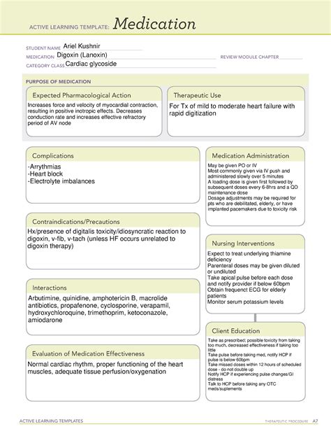 Digoxin Med Sheet Active Learning Templates Therapeutic Procedure A