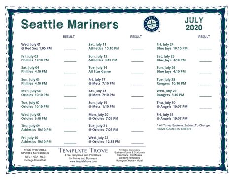 Printable 2020 Seattle Mariners Schedule