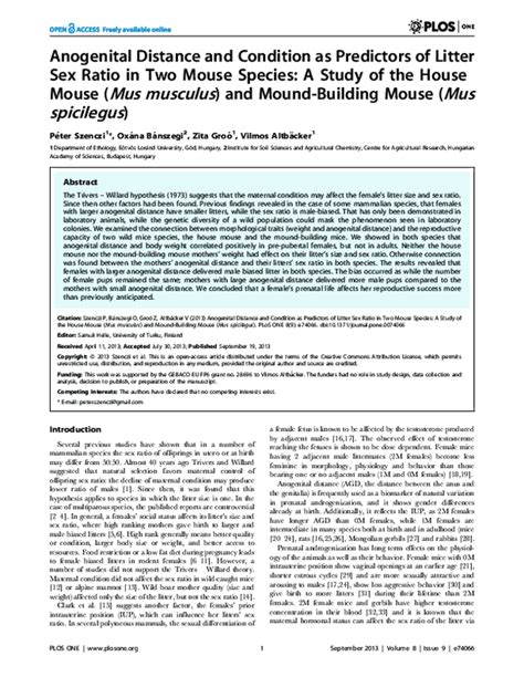 Pdf Anogenital Distance And Condition As Predictors Of Litter Sex Ratio In Two Mouse Species