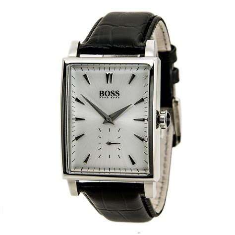 Hugo Boss 1512783 Mens Rectangular Silver Dial Black Leather Strap