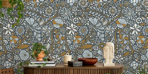 Maximalist Bohemian Floral Pattern Blue Caramel Wallpaper Buy Online