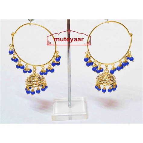 Blue Beads Jadau Gold Polished Traditional Punjabi Earrings Bali Set