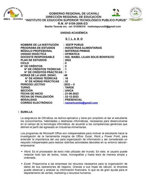 Silabo DE Ofimatica 2023 024252 GOBIERNO REGIONAL DE UCAYALI