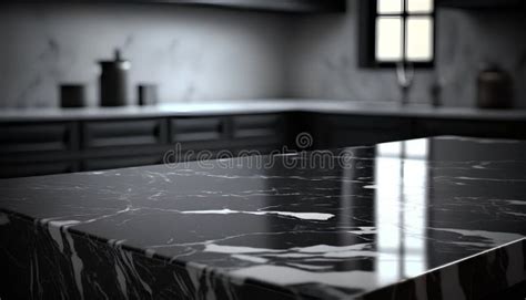 Black Marble Countertop in Modern Kitchen Interior. 3d Render Stock ...