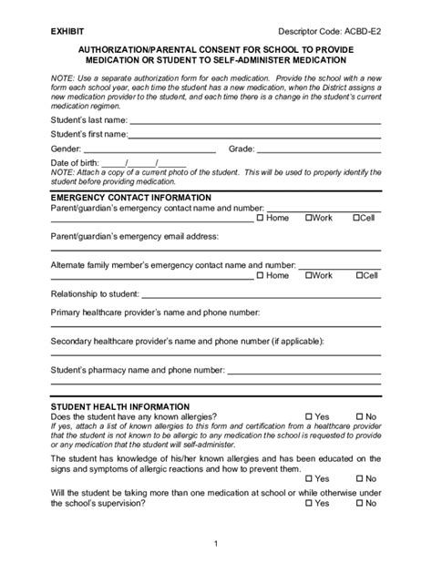 Fillable Online ACBD E2 Authorization Parental Consent For School To