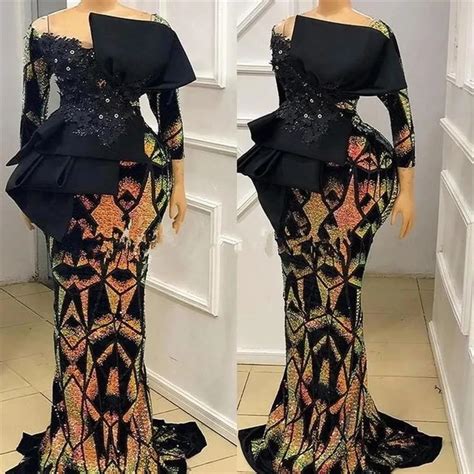 Sparkling Sequin Aso Ebi Arabic Black Sequin Evening Gown With Long