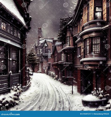 Old Victorian Street in Snowfall Oil Painting Stock Illustration ...