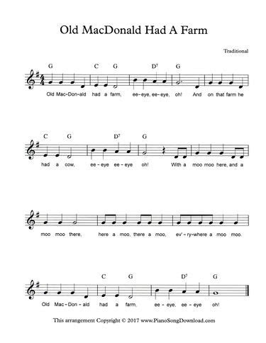 Old MacDonald Had a Farm, free PDF lead sheet with chords and lyrics from Piano Song Dow ...