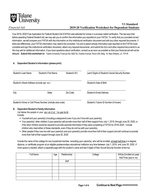 Fillable Online Financialaid Tulane Verification Worksheet