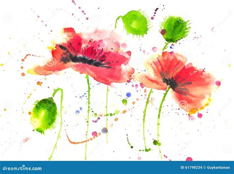 A Papoila Vermelha Floresce A Pintura Da Aquarela Do Estilo Da Arte