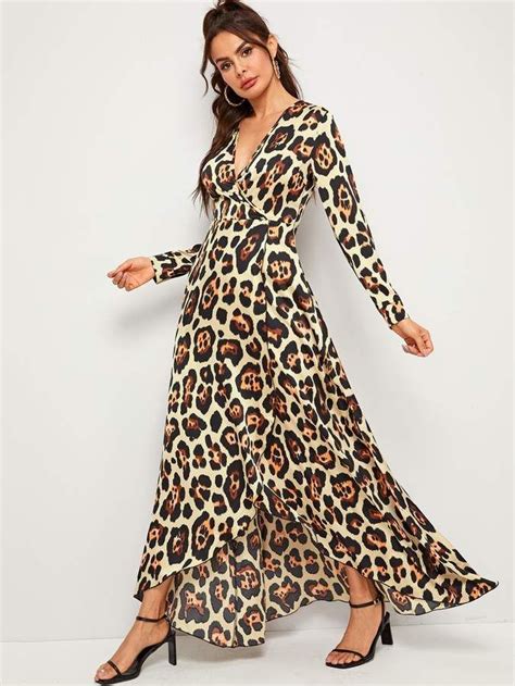 Shein Leopard Print Surplice Neck Wrap Maxi Dress Maxi Dress Maxi