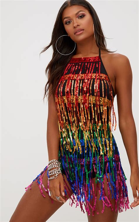 Sequin Tassel Romper Rompers Prettylittlething Usa