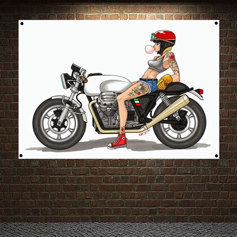 Cartoon Moto Lady Z Tatua Ami Banner Flaga Na Cian Wisz Ca Seksowna