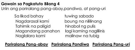 Gawain Sa Pagkatuto Bilang 4 Uriin Ang Pariralang Pang Abaypandiwa At Pang Uri Sa Likod Bahay