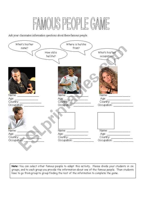 Famous People Game Esl Worksheet By Evaramos