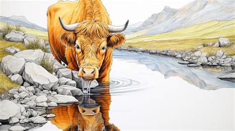 Premium AI Image | Painting of a cow drinking water from a stream in a ...