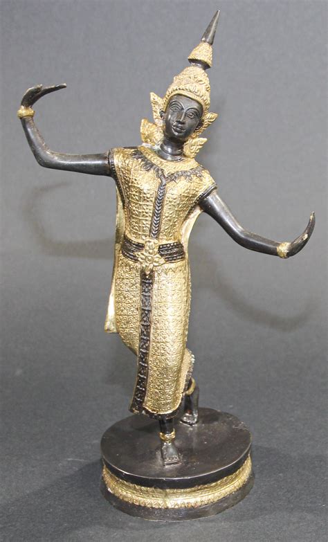 Vintage Bronze Gilt Thai Teppanom Temple Guard Dancing Statue Sculpture