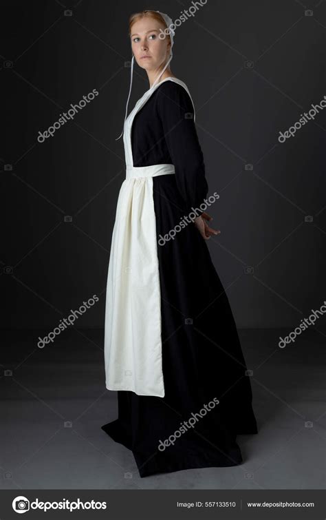 Amish Woman Wearing Black Dress Apron Cap Studio Backdrop Stock Photo ...