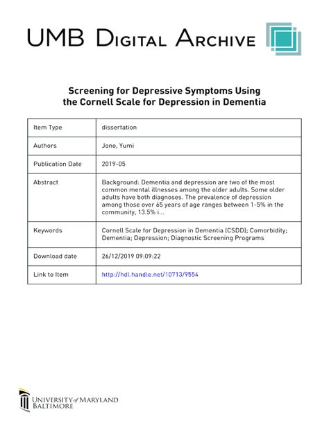 Fillable Online Archive Hshsl Umaryland Measuring Symptoms Of Depression Comparing The Cornell