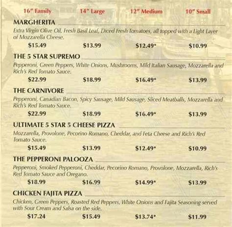 Menu at Rich's 5 Star Pizza pizzeria, Kent