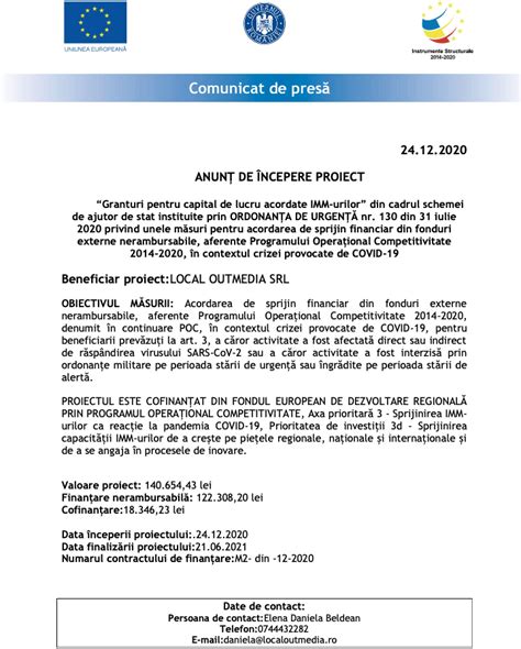 Comunicat De Pres Anun De Ncepere Proiect