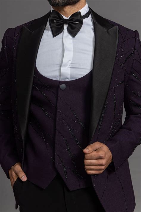 Buy Dark Raisin Purple Cutdana Embroidered Italian Tuxedo Suit Online