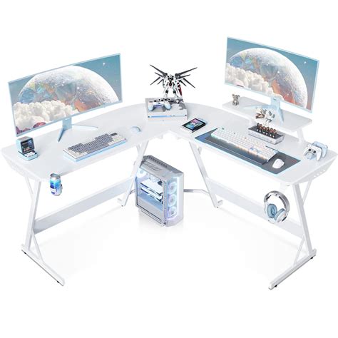 MOTPK White L Shaped Gaming Desk, Gamer Desk Gaming Table with Carbon ...