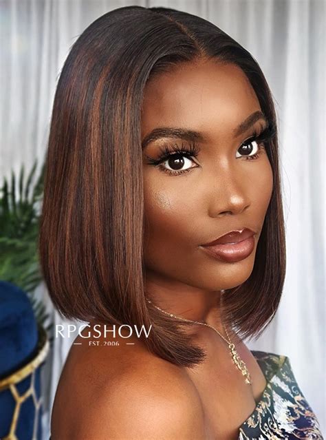 Blunt Cut Dark Brown Hair with Caramel Highlights Lace Front Wig ...