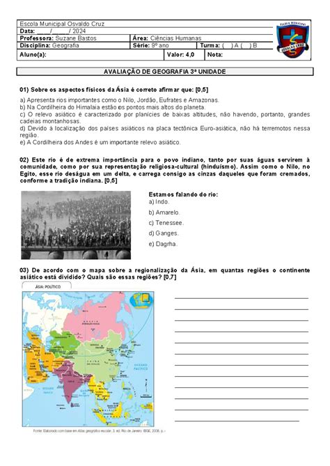 Avaliação DE Geografia DA 3ª Unidade PROF Suzane Bastos 9º ANOS A e B