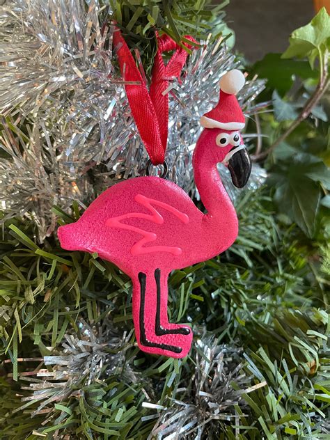Pink Flamingo Ornament Flamingo with Santa Hat Holiday Gift Christmas