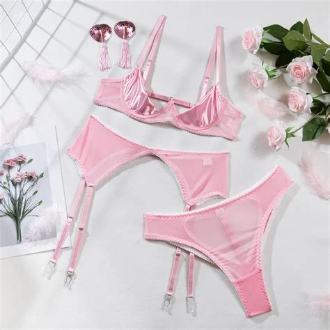 Yimunancy Quaste Dessous Set Frauen 4 teilige Mesh erotische BH zurück