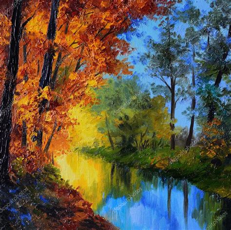 Peinture à l huile forêt d automne avec une rivière image libre de