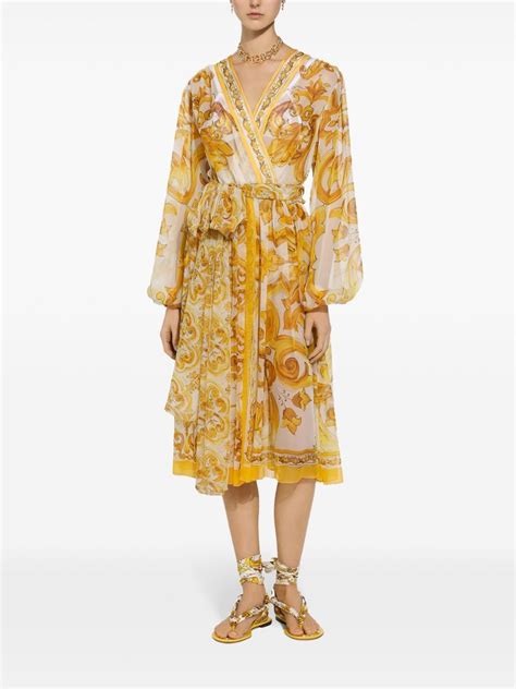 Dolce Gabbana Majolica Silk Wrap Midi Dress Yellow Farfetch