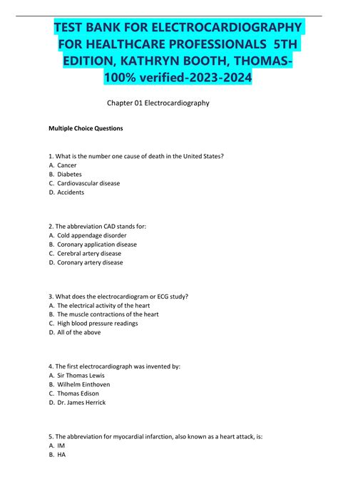 TEST BANK FOR ELECTROCARDIOGRAPHY FOR HEALTHCARE PROFESSIONALS 5TH