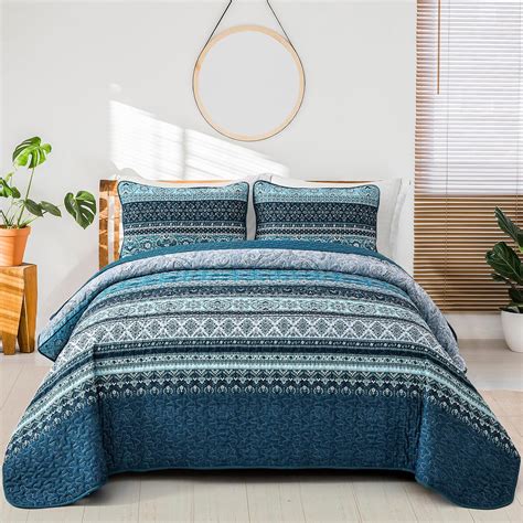 Amazon Wongs Bedding Boho Queen Quilt Set Blue Bohemian Queen