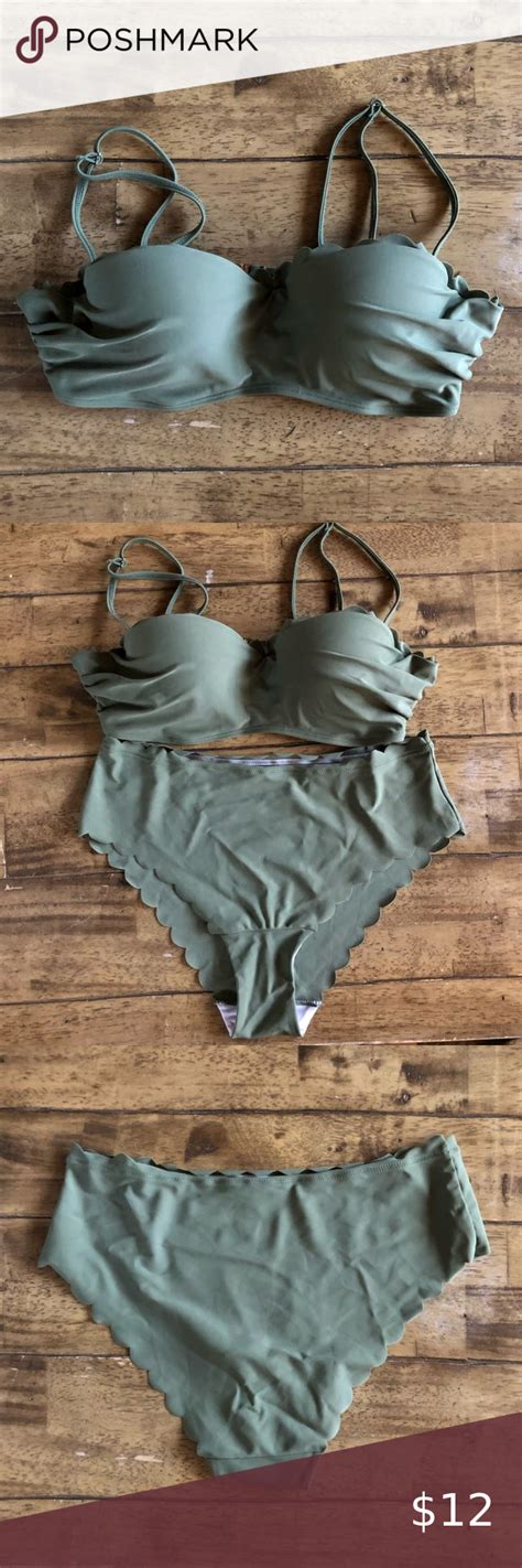 Olive Green Bikini With Scalloped Edges By Shein In Olive Green