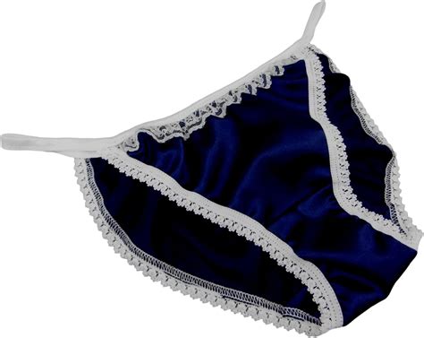 Shiny Satin String Bikini Mini Tanga Panties Navy Blue With Ivory Lace