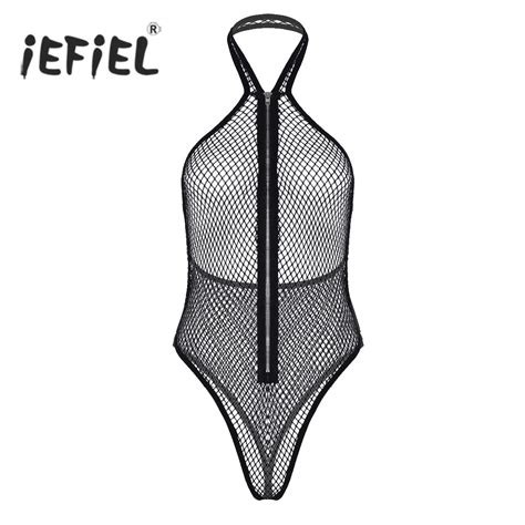 Women Lingerie High Cut Body Suits See Through Fishnet Mesh Halter Neck