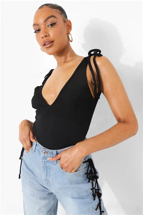 Black Tie Strap Rib Bodysuit Boohoo Uk