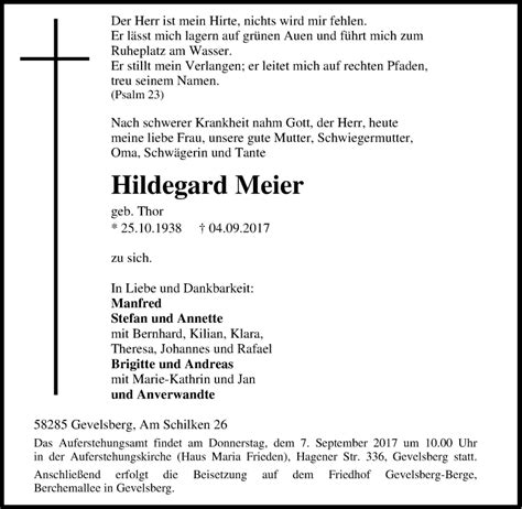 Traueranzeigen Von Hildegard Meier Trauer In NRW De