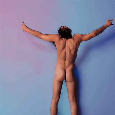 Naked Man In Fire Digital Graphic Colorful On Light Blue Background