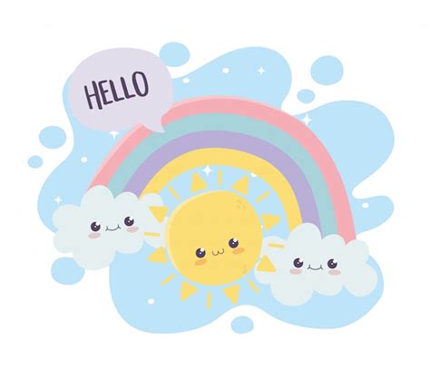 Premium Vector Cute Sun Rainbow Clouds Hello Kawaii Cartoon Character