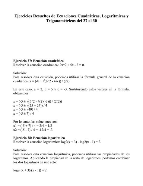 SOLUTION Ejercicios Resueltos De Ecuaciones Cuadr Ticas Logar Tmicas Y