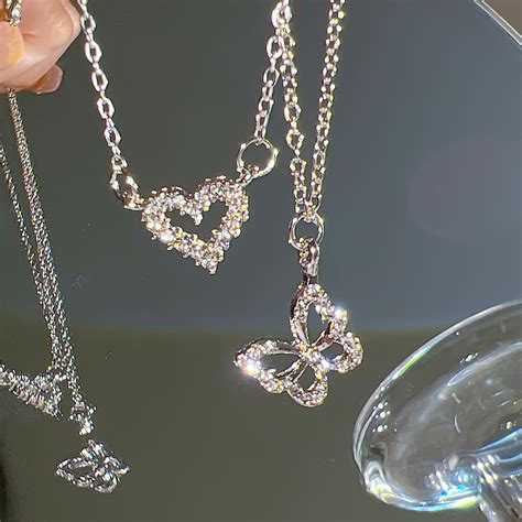 17KM Fashion Butterfly Heart Zircon Necklace For Women Girls Silver