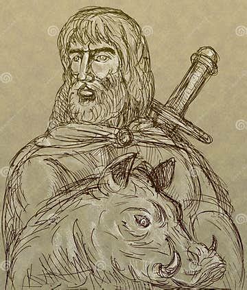 Frey Norse god sword boar stock illustration. Illustration of myth - 12500342