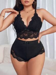 2pcs Lace Spliced Plus Size Bra And Panty Set Wireless Sexy Lingerie