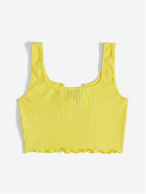 Shein Ezwear Neon Yellow Notched Neck Rib Knit Crop Tank Top Shein Usa