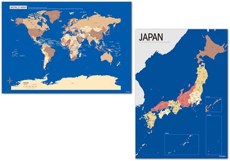 Proceedx美しい日本 世界地図セット パステルカラーブルー3 学習ポスターミニマルマップa2サイズ日本製 丸筒送付 影付き1306