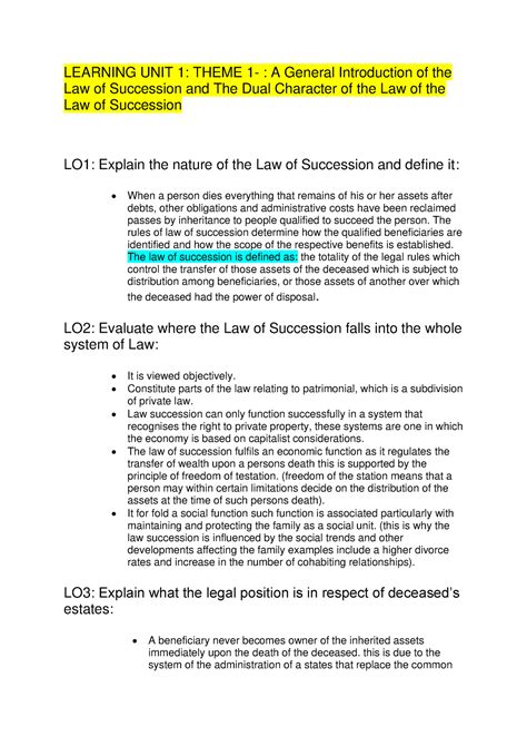 Law Of Succession Notes Learning Unit Theme A General