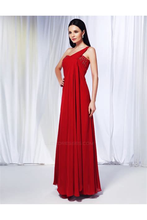 Sheath Column One Shoulder Beaded Long Red Chiffon Prom Evening Formal